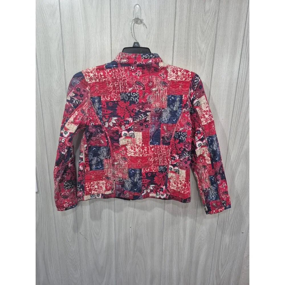 Woman’s Quilted Full Zip Mandarin Collar Casual Jacket M Red Festival Boho Artsy
